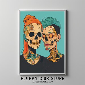 Op de afbeelding: Een digitale kunstprint met twee kleurrijke skeletten met ingewikkelde details. De skeletten dragen zwarte kleding en hebben een blauw en oranje kleurenschema. De print heeft de tekst "FLOPPY DISK STORE Downloadable Art" onderaan.