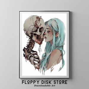 Op de afbeelding: Een digitale illustratie van een vrouw met blauw haar die een schedel kust. De vrouw heeft tranen in haar gezicht en de schedel heeft een bloederig uiterlijk. De achtergrond is wit.