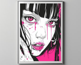 Manga Poster Of A Girl With Pink Tears | Floppy Disk Store Downloadable PRINTABLE Art