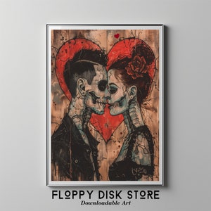Op de afbeelding: Een digitale illustratie van een stel met skeletgezichten, dat elkaar omarmt en kust. Ze worden omringd door een rood hart met een houtnerf achtergrond. Het kunstwerk heeft de titel "Floppy Disk Store Downloadable Art".