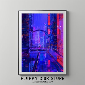 Cyberpunk City Futuristic Neon Skyline | Floppy Disk Store Downloadable PRINTABLE Art