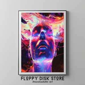 Puede incluir: Impresión digital abstracta que presenta un primer plano de un rostro con colores vibrantes rosa, azul y amarillo. El rostro está rodeado de formas abstractas que giran.