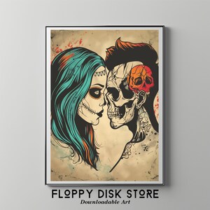 Til Death – Skeletliefde op geïnkt canvas | Floppy Disk Store downloadbare afdrukbare kunst