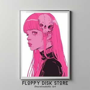 Pink-Haired Anime Girl Poster with Skull Headpiece | Floppy Disk Store Downloadable PRINTABLE Art