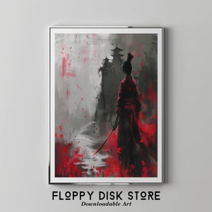 Puede incluir: Una pintura digital de una mujer con una túnica roja de pie frente a un fondo gris y rojo. La mujer sostiene una espada y mira hacia un edificio en la distancia.