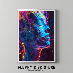 Puede incluir: Impresión digital de arte abstracto con un retrato colorido y vibrante de una cara con salpicaduras de pintura en tonos de azul, rosa, morado, amarillo y naranja.