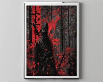 Kanji Shinobi In The Forest In A Red And Black Design | Floppy Disk Store Downloadable PRINTABLE Art