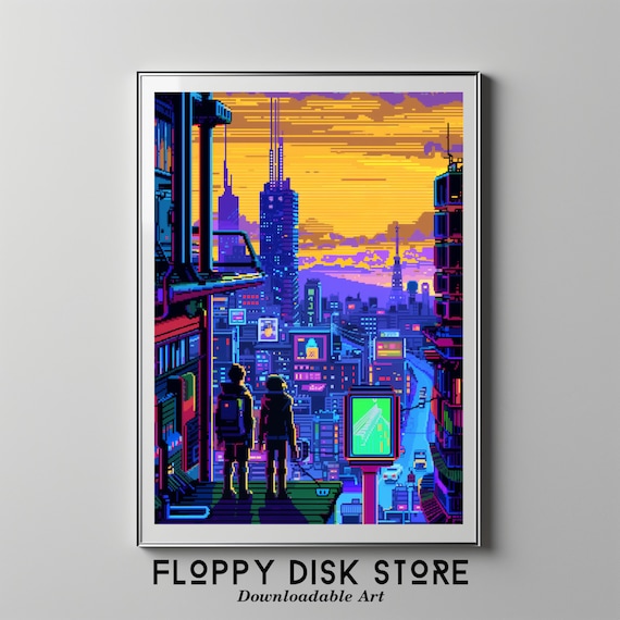 Pixel Sunset Over Neo Tokyo – Retro Cyberpunk Cityscape | Floppy