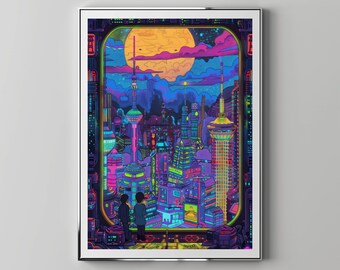 Paisaje urbano futurista de neón retro Anime / Tienda de disquetes Arte descargable IMPRIMIBLE