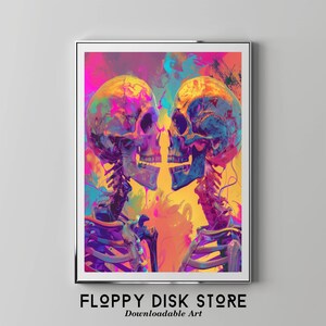 Puede incluir: Dos esqueletos abstractos coloridos con pintura rosa, púrpura y azul fluorescente se miran, sus cráneos se tocan. El fondo es un amarillo, naranja y rosa vibrante.