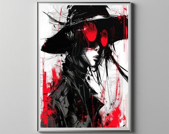 Printable Drawing Anime Girl Art with Red Glasses | Floppy Disk Store Downloadable PRINTABLE Art