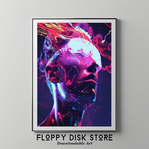 Puede incluir: Impresión digital de arte abstracto con un rostro humano estilizado y colorido con trazos de pintura vibrantes en rosa, azul y amarillo. El rostro mira hacia arriba con un ojo cerrado y una luz azul brillante que emana del ojo cerrado.