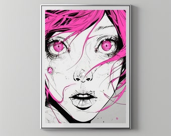 Póster de chica de anime de pelo rosa kawaii / Arte descargable e imprimible para tienda de disquetes