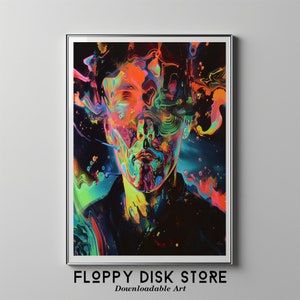 Puede incluir: Impresión digital de arte abstracto con un retrato colorido de una persona sobre un fondo psicodélico. Los colores son vibrantes e incluyen rosa, azul, verde, amarillo y naranja.
