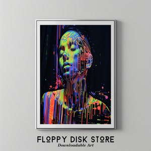 Puede incluir: La cara de una mujer está pintada con líneas de color verde neón, azul y naranja. El fondo es negro con algunos puntos de colores.