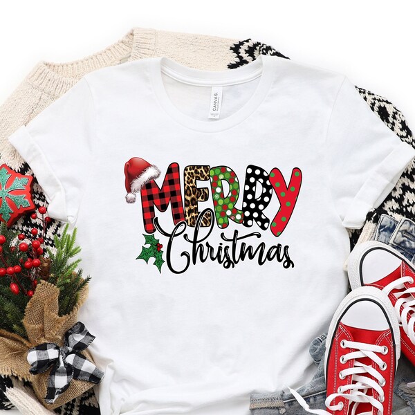 Merry Christmas Shirt For Women - Buffalo Plaid Holiday Graphic Tee Casual Top - View #4
