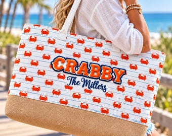 Sac de plage personnalisé avec motif crabe, sac en toile brodé « CRABBY », nom de famille personnalisé, sac fourre-tout d'été idéal pour les vacances à la plage, cadeau parfait pour les vacances à la plage