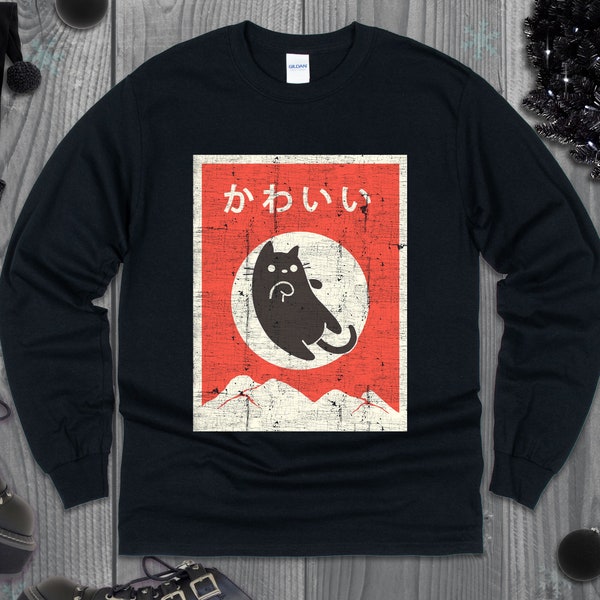 Kawaii Japan Cat Long Sleeve Tee - Neko Manga Mt. Fuji Anime Shirt, Lucky Cat, Winter Weeb Convention