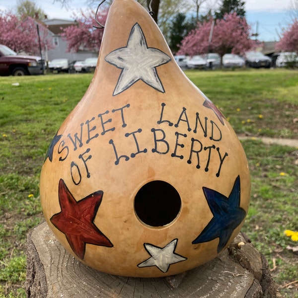 Natural Birdhouse Gourd Handpainted with Sweet Land of Liberty