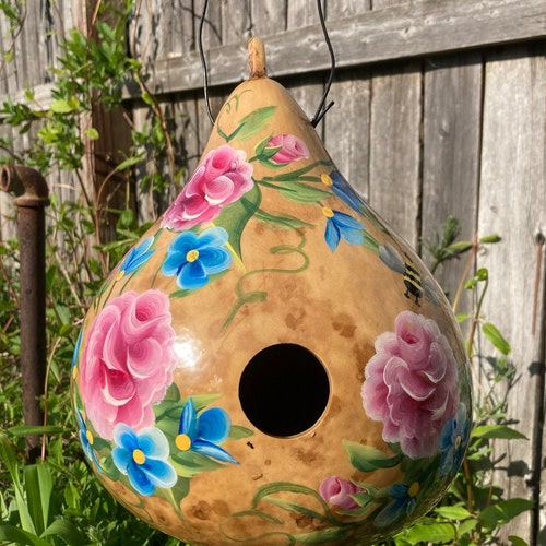 Handpainted Gourd Birdhouse With Goldfinches and Wildflowers Etsy