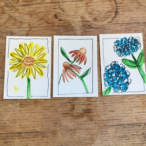 ACEO - Set of 3 Flowers - Floral - Original Painting - Art cards - Watercolor - Small - 3.5X2.5 - Sunflower - Hydrangea - black eyed Susan