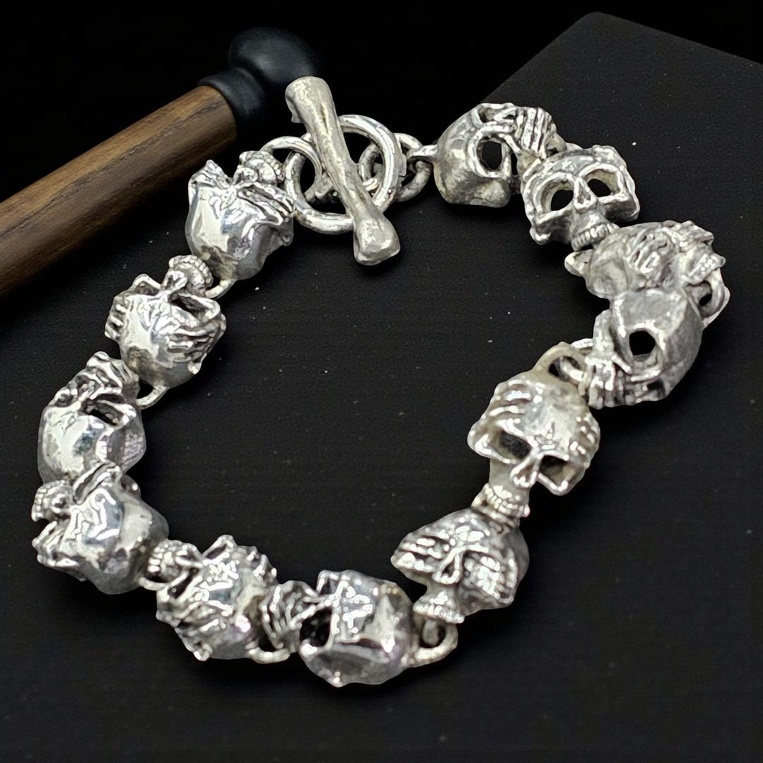 Wise Skulls Bracelet 925 Sterling Silver See No Evil Hear No Evil
