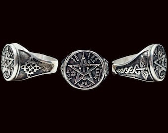 Tetragrammaton Witch&#39;s Knot Ring in 925 Sterling Silver Handmade