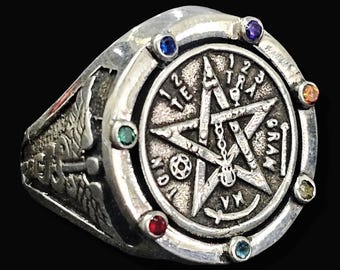 Tetragrammaton Ring with Stones in 925 Sterling Silver Handmade