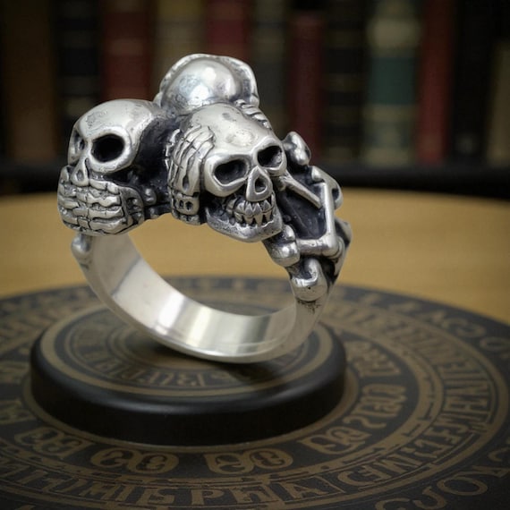 Wise Skulls Ring, 925 Sterling Silver, See No Evil, Hear No Evil