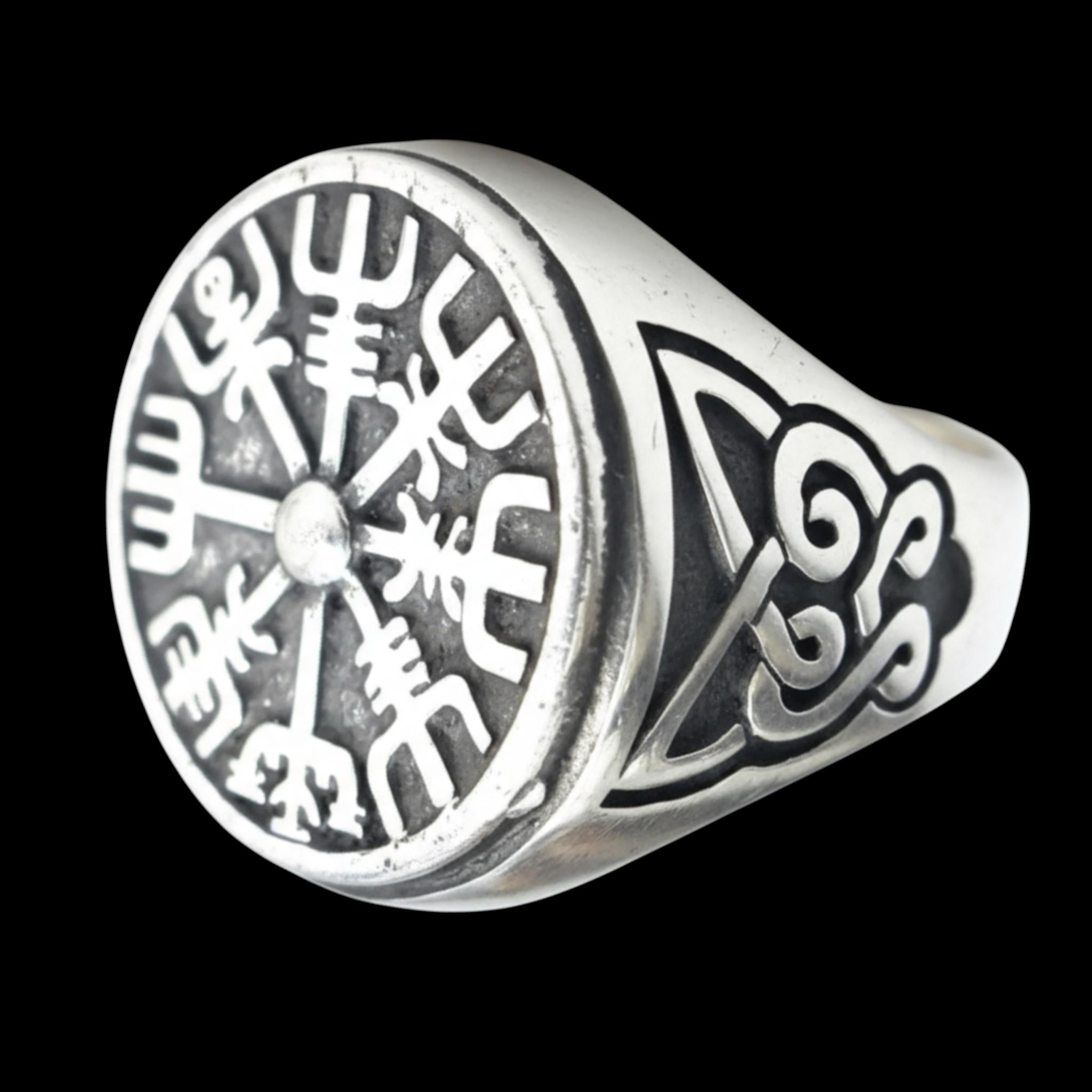 Anello Argento 925 Stile Vichingo Biker Con Vegvisir - Teschio E Bussola Magica Islandese, Ossidato