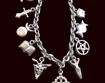 Handmade Sterling Silver Wicca Triple Goddess Altar Symbols Bracelet