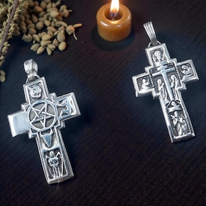 Ciondolo esoterico a doppia faccia con croce bizantina e pentacolo, in argento sterling 925, amuleto di protezione totale, gioiello rituale sacro fatto a mano, pentagramma