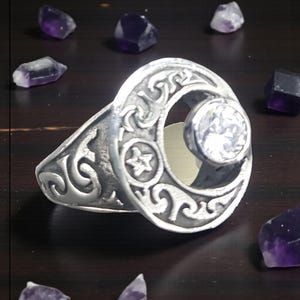 Anello con pentacolo lunare, in argento sterling 925 con pietra naturale, gioiello sacro wiccan fatto a mano, amuleto di protezione lunare, talismano di potere regale