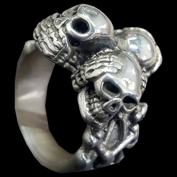 Wise Skulls Ring, 925 Sterling Silver, See No Evil, Hear No Evil
