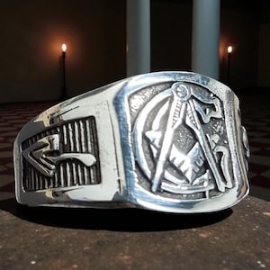 Frimurarring med spade och lod i 925 sterlingsilver, kunglig logesigill, 1,6 cm, 7 gram, handgjord, lyxiga frimurarsmycken, rättrådighetsgrad