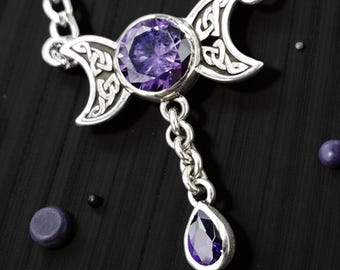 Triple Goddess Wiccan Pendant, 925 Sterling Silver, Amethyst Stone, Triple Moon Amulet, Handmade Sacred Ritual Jewelry, Transmutation Talisman