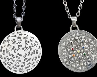 Anhänger 72 Namen Gottes mit Blume des Lebens und Kabbalah-Baum mit Steinen gefasst in 925er Sterlingsilber, handgefertigt
