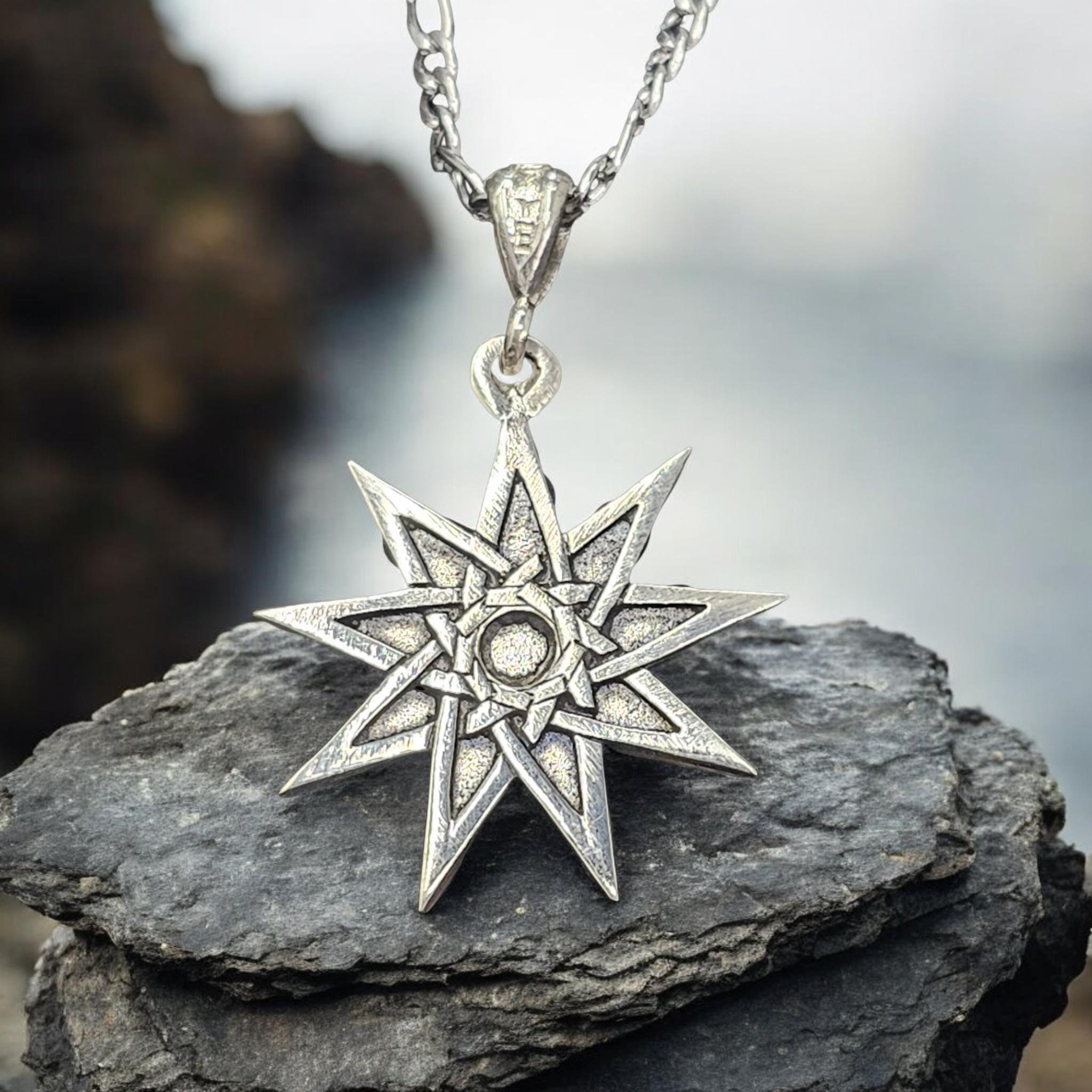 Nine-pointed Star Pendant in 925 Sterling Silver, Amulet of Nine-pointed Star Pendant in 925 Sterling Silver, Amulet of