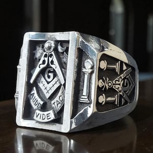 Masonic Ring Audi Vide Tace in 925 Sterling Silver, Royal Lodge Seal, 2 x 2 cm, 19 Grams, Handmade, Luxury Masonic Jewelry, Sacred Motto