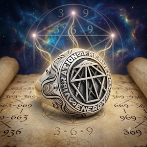 May include: A silver-toned ring featuring a circular face with a geometric pyramid design. The outer border of the ring face is engraved with the text VIBRATION, FREQUENCY, and ENERGY. The band displays intricate wavy line patterns and small studs.