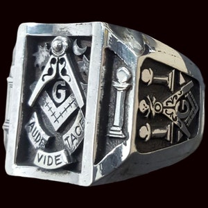 Aude Vide Tace Masonic Ring in Sterling Silver Handmade Freemasonry