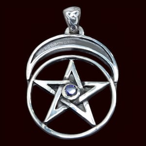 Wicca Pentacle Moon Amethyst Pendant in 925 Sterling Silver Handmade