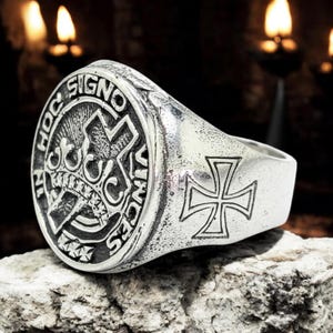 Templerring In Hoc Signo Vinces 925 Silber Königliches Logensiegel 1,8 cm 10 Gramm Handgefertigtes Templer-Signum Militie Luxusschmuck Kreuz