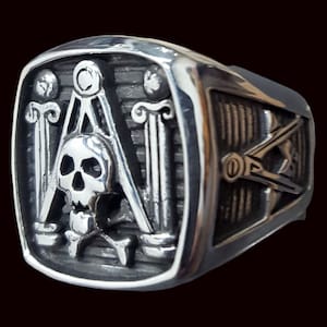 Masonic Ring Skull Column in Sterling Silver handmade Freemasonry