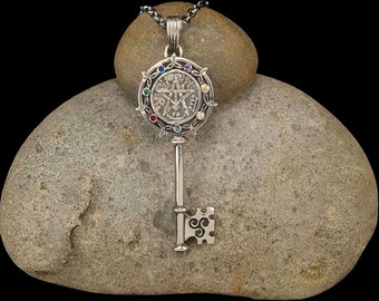 Wicca Tetragrammaton Key pendant with stones 6 x 2 cm 14 gr in 925 silver