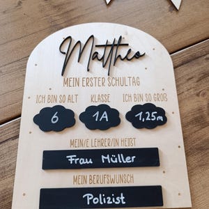 May include: A wooden sign with the name "Matthes" in black script. The sign includes information about the child's first day of school, such as age, grade, and height (1.25m). The sign also lists the teacher's name and the child's career aspiration.