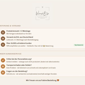 May include: A beige informational graphic featuring the logo Wunsch Elfe by Simone Belgardt at the top. The text includes sections for shipping details, customer service policies, and order information in German, presented with icons and a heart symbol.