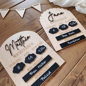 May include: Two wooden school boards with the names "Matthes" and "Jane" in cursive. Each board has information about the child's age, height (1.25m and 1.23m), and teacher's name. A string of small white triangle flags is above the boards.