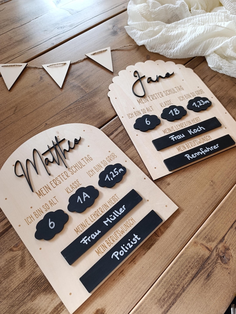 May include: Two wooden school boards with the names "Matthes" and "Jane" in cursive. Each board has information about the child's age, height (1.25m and 1.23m), and teacher's name. A string of small white triangle flags is above the boards.