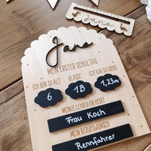 May include: A wooden sign with the name "Jana" in black script, designed for a child's first day of school. It includes information about age, class, height (1.23m), teacher, and dream job, with decorative elements.